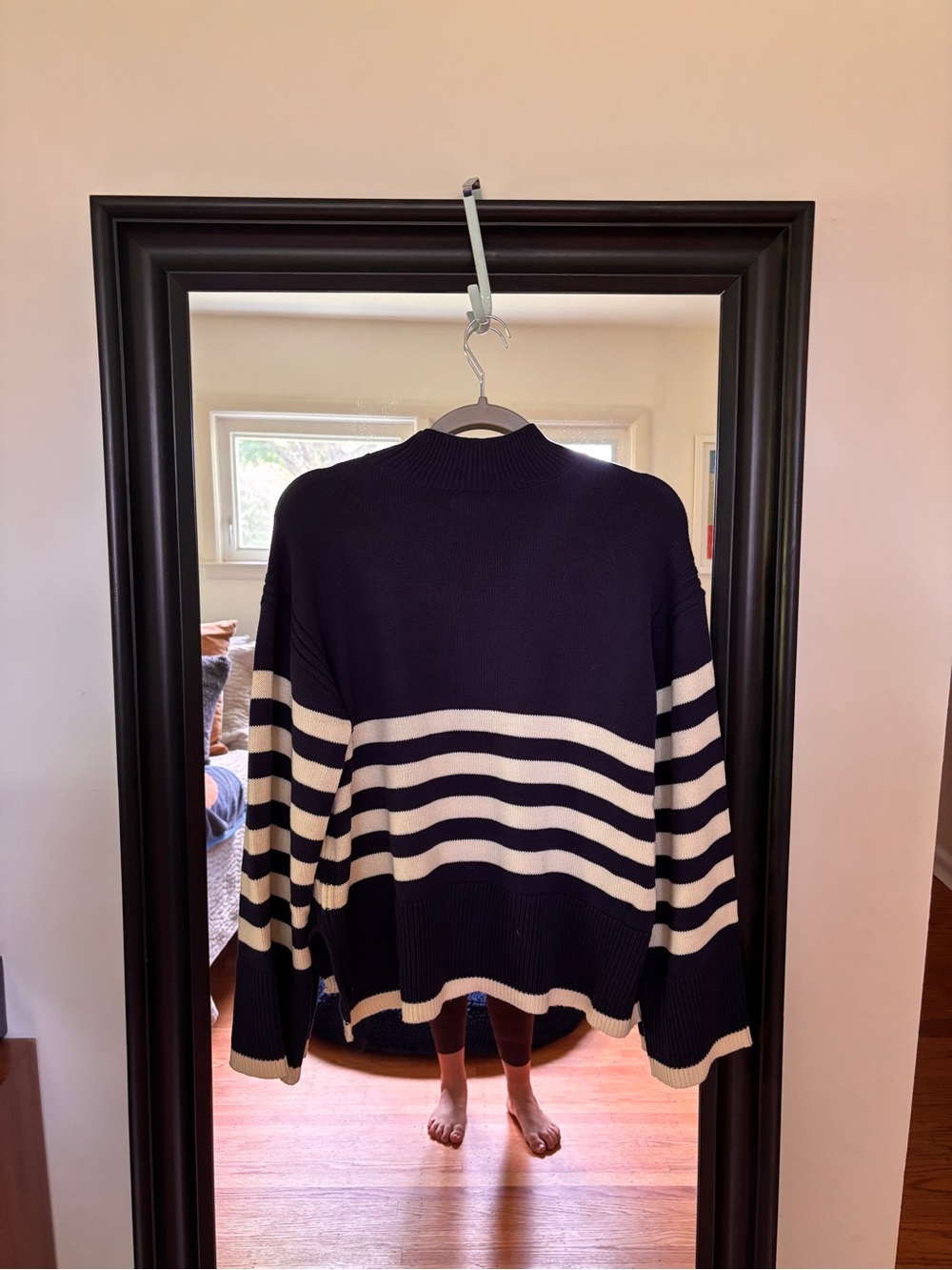 ON 34th Women’s Navy Cowl-Neck Striped Sweater in Cream